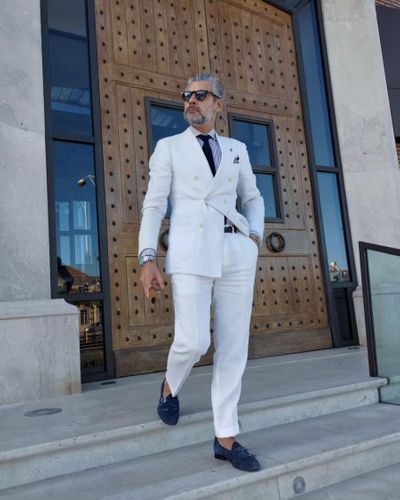 White Suit with Blue Monk Shoes